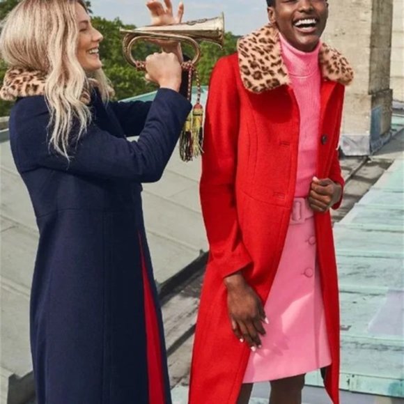 Boden Austen Coat Navy Blue Wool with Removable Faux Fur Trim Collars Size 16R - Picture 2 of 14